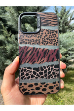Load image into Gallery viewer, iPhone 14 Plus Uyumlu Kılıf Leopar Desenli Kahverengi Çizgili Metalik Tuşlu Kamera Çıkıntılı Kapak