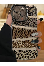 Load image into Gallery viewer, iPhone 14 Pro Max Uyumlu Kılıf Leopar Desenli Kahverengi Çizgili Metalik Tuşlu Kamera Çıkıntılı