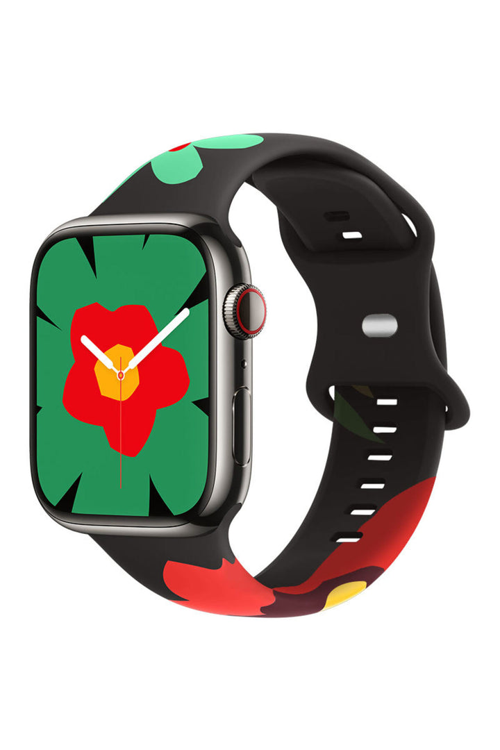 Apple Watch 9 8 7 6 5 4 3 2 1 Se 41mm Uyumlu Kordon Silikon Flower Desenli Black Unity Spor Kordon