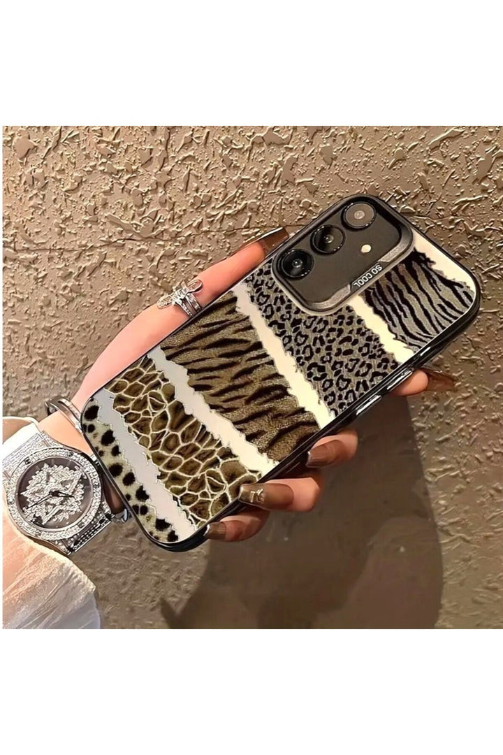 Samsung Galaxy S23 Fe Uyumlu Kılıf Leopar Desenli Kahverengi Çizgili Metalik Tuşlu Kamera Çıkıntılı