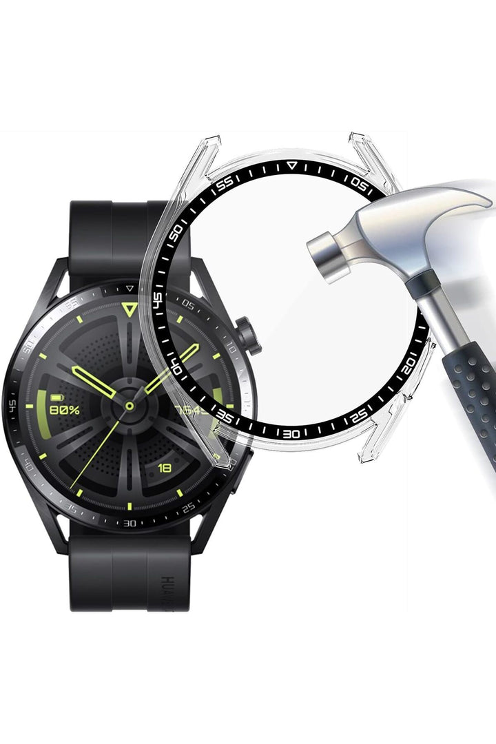 Huawei GT5 46mm Uyumlu Kılıf Şeffaf Kasa ve Ekran Koruyucu Sert Pvc Plastik Ekran Kasa Koruma Kapak