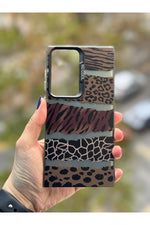 Load image into Gallery viewer, Samsung Galaxy S22 Ultra Uyumlu Kılıf Leopar Desenli Kahverengi Çizgili Metalik Tuşlu Kamera Çıkıntı
