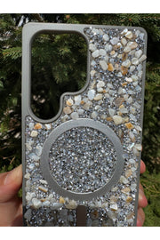 Samsung Galaxy S24 Ultra Uyumlu Taşlı Magsafe Kılıf Parlak Taşlı Smli Koruyucu Kablosuz Şarj Silikon