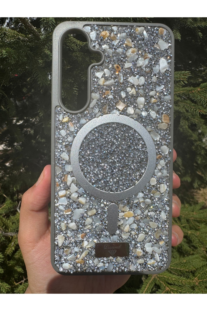 Samsung Galaxy A36 Uyumlu Taşlı Magsafe Kılıf Parlak Taşlı Simli Koruyucu Kablosuz Şarj Silikn Kapak