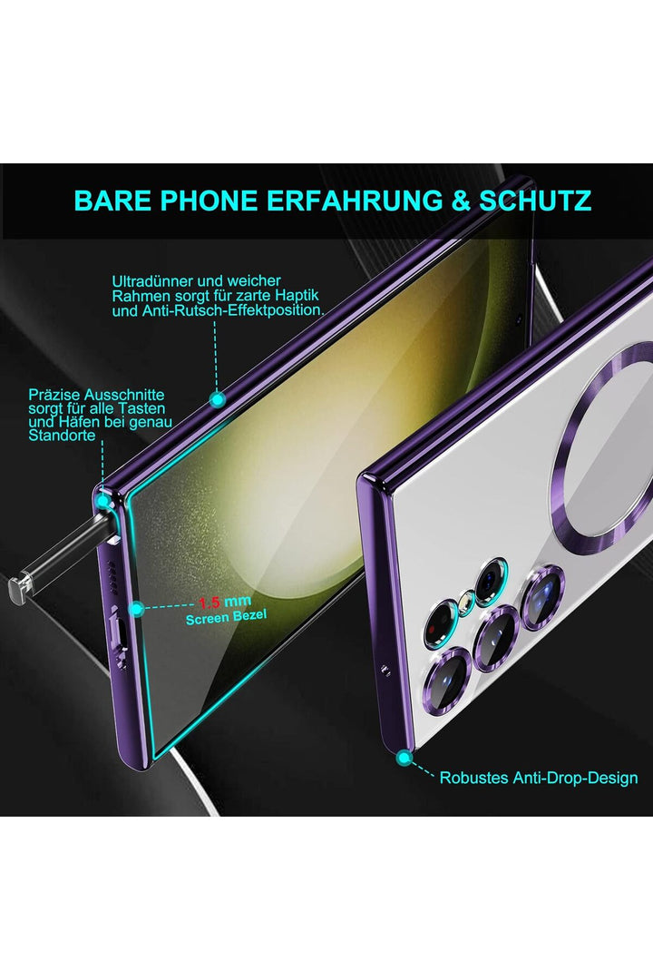 Samsung Galaxy S24 Ultra Uyumlu Kılıf 3D Kamera Lens Korumalı Magsafe Kenarı Renkli Şeffaf Kapak