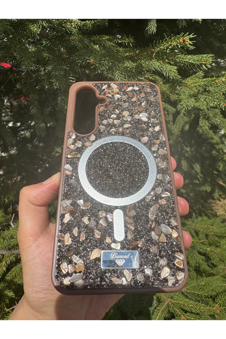 Samsung Galaxy S24/S25 Uyumlu Taşlı Magsafe Kılıf Parlak Taşlı Simli Koruyucu Kablosuz Şarj Silikon