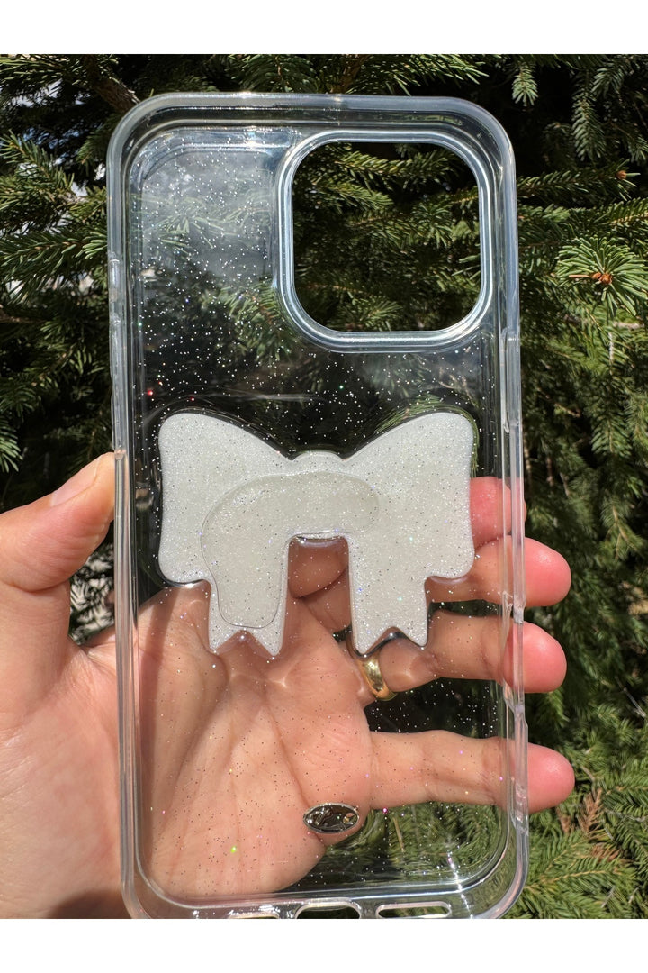 iPhone 14 Pro Max Uyumlu Kılıf Simli Parlak Fiyonk Desenli Silikon Kamera Çevresi Koruyucu Kapak
