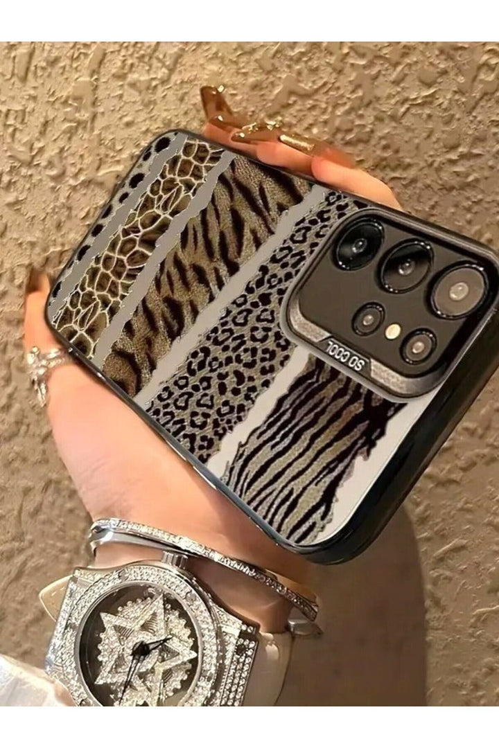 Samsung Galaxy S22 Ultra Uyumlu Kılıf Leopar Desenli Kahverengi Çizgili Metalik Tuşlu Kamera Çıkıntı