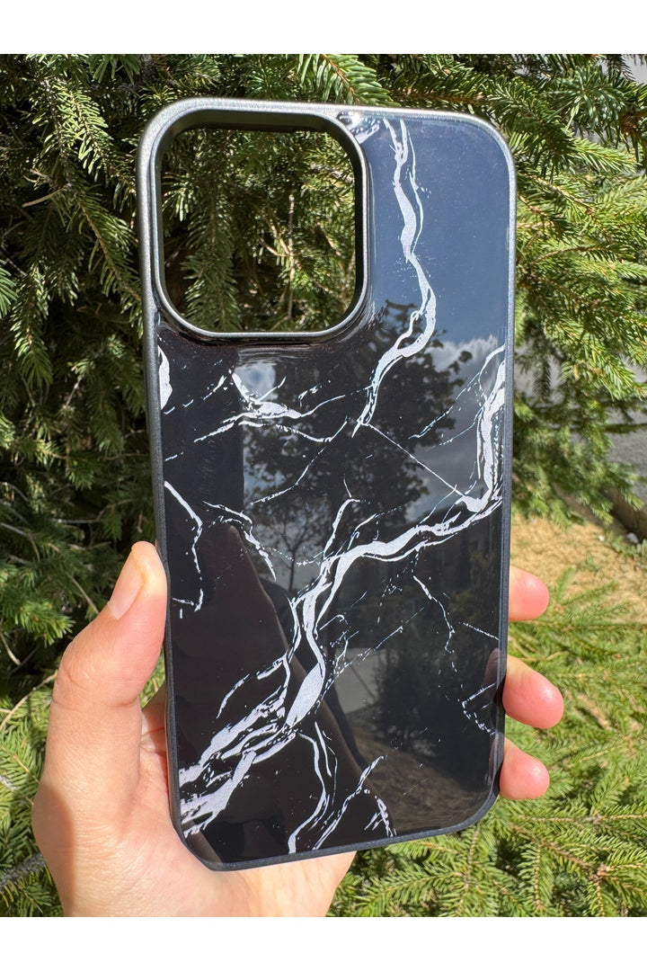 iPhone 16 Pro Max Uyumlu Kılıf Parlak Mermer Desenli Kamera Kenar Koruyuculu Arka Kapak