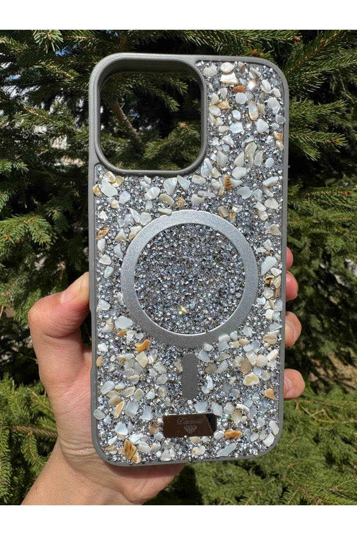 iPhone 15 Pro Max Uyumlu Taşlı Magsafe Kılıf Parlak Taşlı Simli Koruyucu Kablosuz Şarj Silikon Kapak