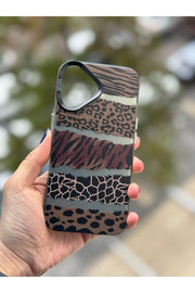 iPhone 16 Uyumlu Kılıf Leopar Desenli Kahverengi Çizgili Metalik Tuşlu Kamera Kenar Çıkıntılı Kapak