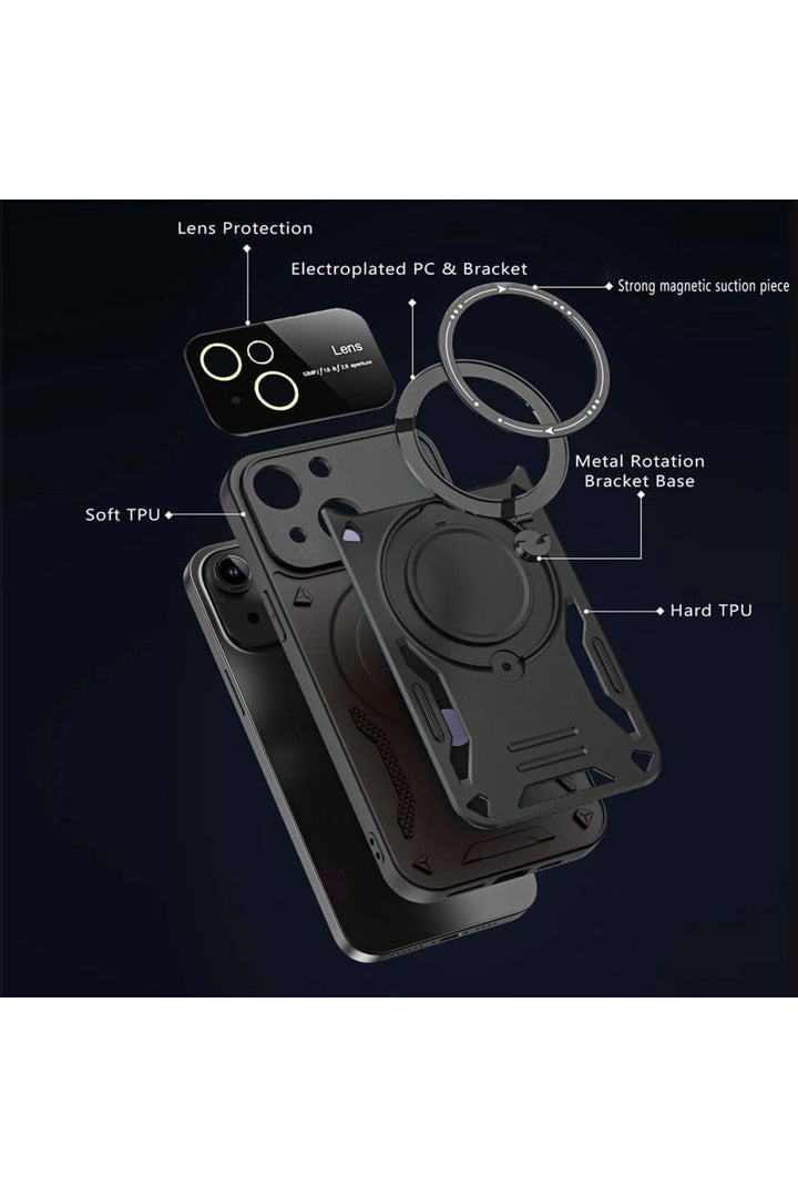 iPhone 15 Uyumlu Kılıf Magsafe Standlı Kamera Lens Korumalı Darbelere Dayanıklı Renkli Tank Kapak