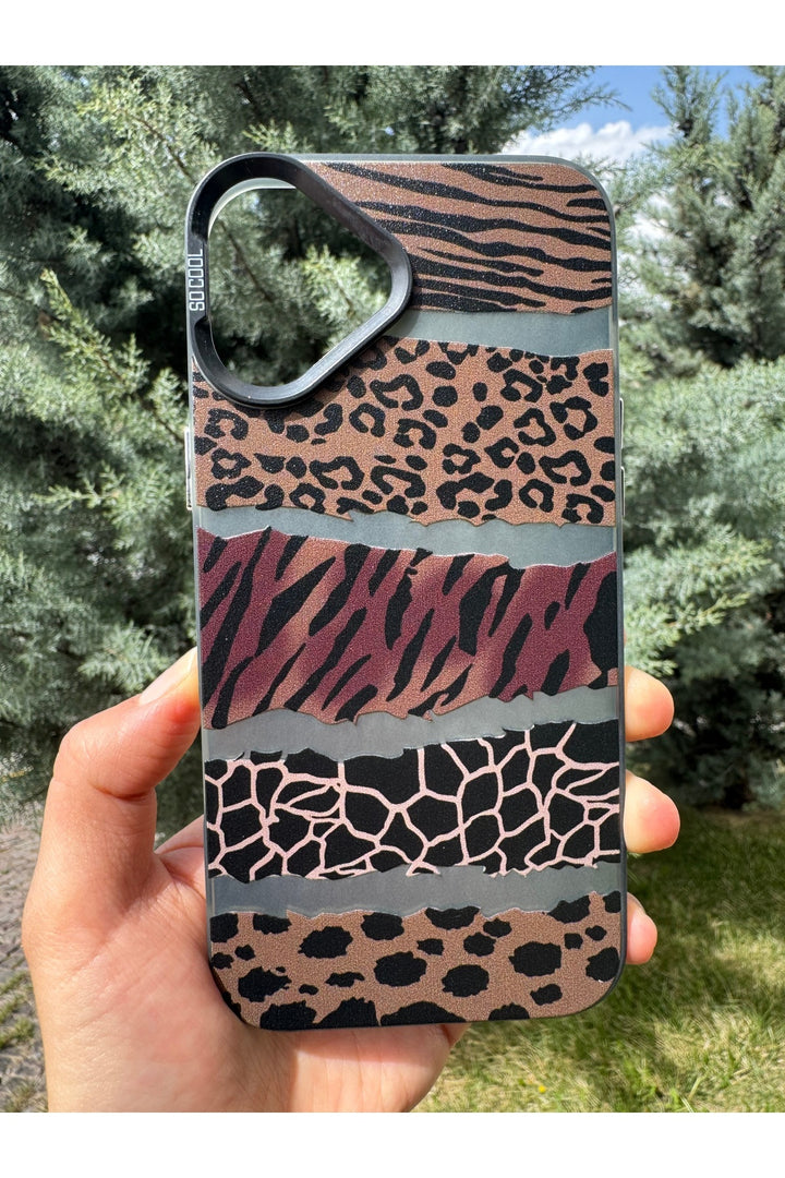 iPhone 16 Plus Uyumlu Kılıf Leopar Desenli Kahverengi Çizgili Metalik Tuşlu Kamera Çıkıntılı Kapak