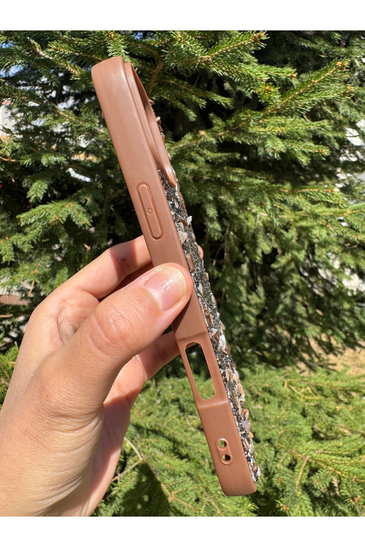 iPhone 14 Pro Max Uyumlu Taşlı Magsafe Kılıf Parlak Taşlı Simli Koruyucu Kablosuz Şarj Silikon Kapak
