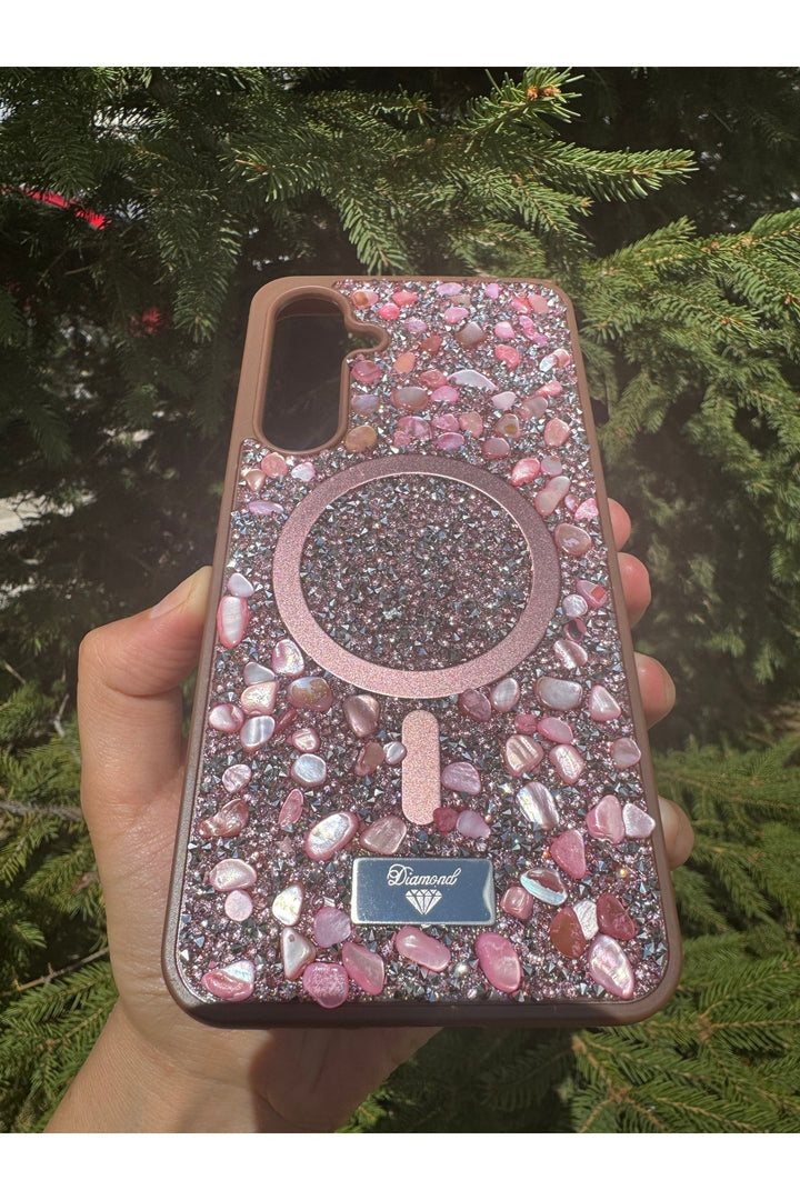Samsung Galaxy S24 Fe Uyumlu Taşlı Magsafe Kılıf Parlak Taşlı Simli Koruyucu Kablosuz Şarj Silikon