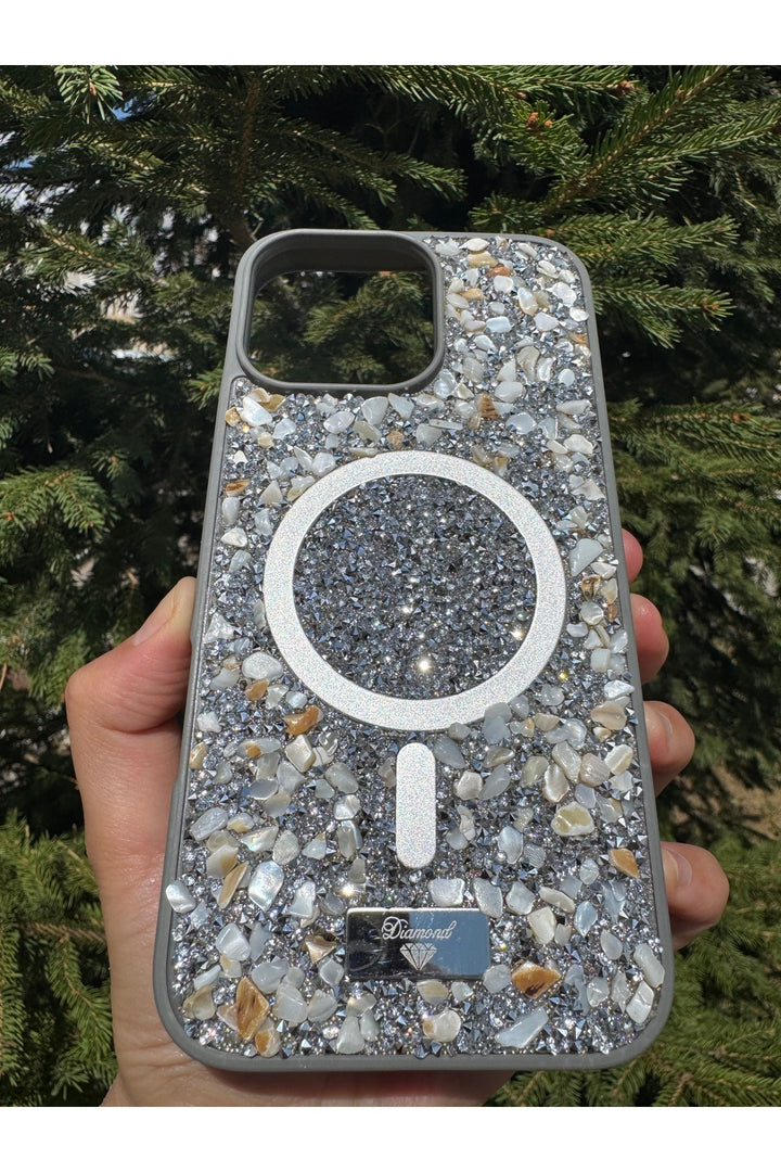 iPhone 16 Pro Max Uyumlu Taşlı Magsafe Kılıf Parlak Taşlı Simli Koruyucu Kablosuz Şarj Silikon Kapak