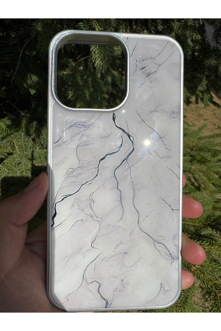 iPhone 15 Pro Max Uyumlu Kılıf Parlak Mermer Desenli Kamera Kenar Koruyuculu Arka Kapak