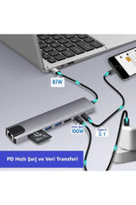 Load image into Gallery viewer, Macbook Uyumlu Type-C Hub 8 Portlu 100W Şarj PD Uyumlu 4K 1080P HDMI 2x USB/RJ45 ETHERNET/Micro SD
