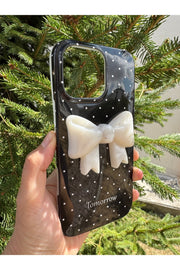 iPhone 15 Pro Max Uyumlu Kılıf Simli Parlak Fiyonk Desenli Silikon Kamera Çevresi Koruyucu Kapak