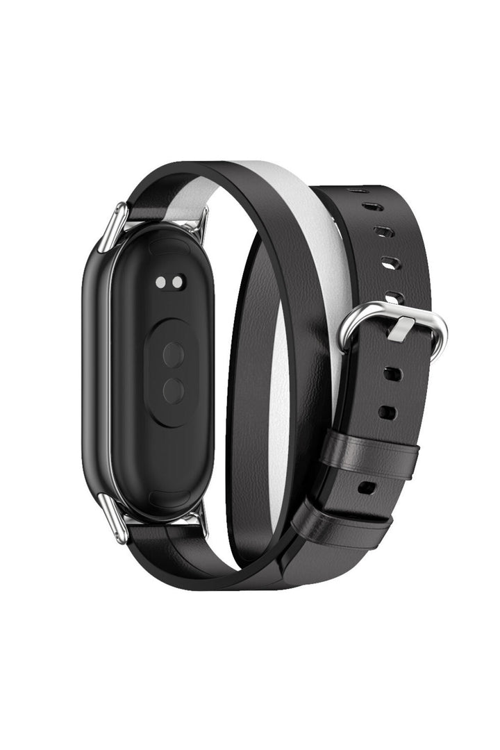 Xiaomi Mi Band 10/9/8 Uyumlu Kordon Deri Parlak Dayanıklı Siyah-Beyaz Bileklikli Çift Sargılı Kordon