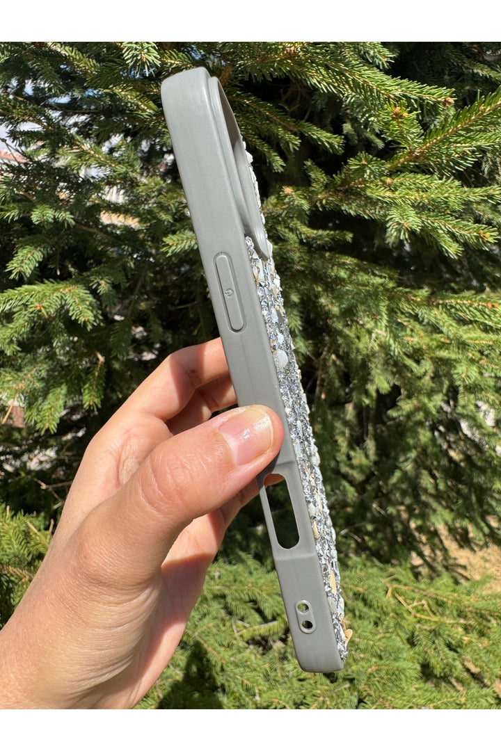 iPhone 15 Pro Max Uyumlu Taşlı Magsafe Kılıf Parlak Taşlı Simli Koruyucu Kablosuz Şarj Silikon Kapak