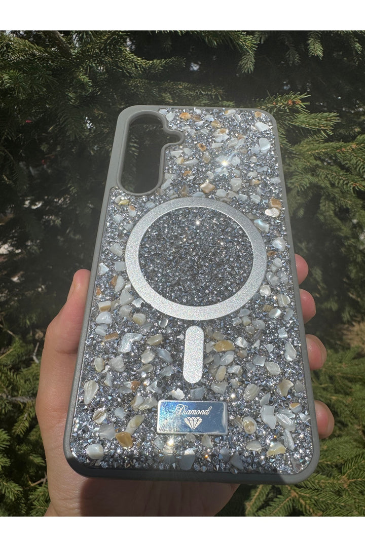 Samsung Galaxy A56 Uyumlu Taşlı Magsafe Kılıf Parlak Taşlı Simli Koruyucu Kablosuz Şarj Silikn Kapak