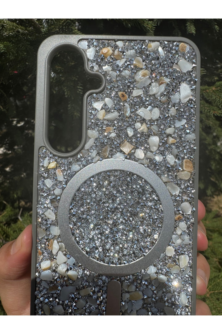Samsung Galaxy S24 Plus/S25 Plus Uyumlu Taşlı Magsafe Kılıf Parlak Taşlı Simli Koruyucu Silikon