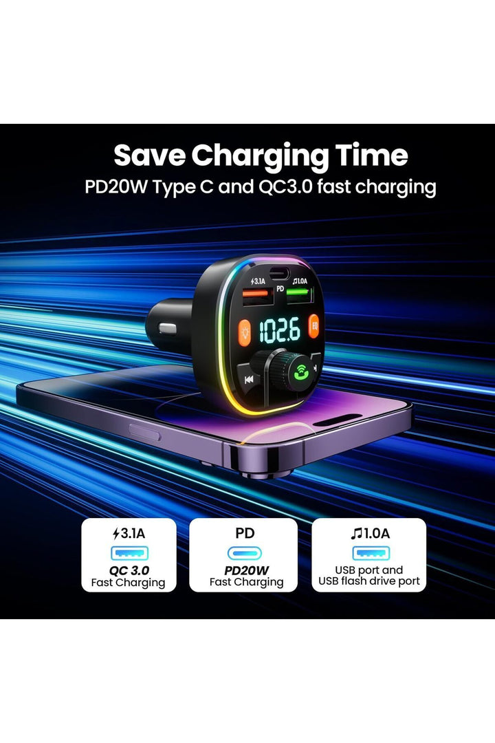 Bluetooth Araç Kiti Araç RGB LED Fm Transmitter USB Type-C MP3 Flash Bellek PD Çakmaklık Girişli