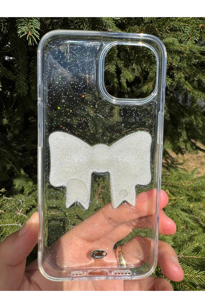 iPhone 12/12 Pro Uyumlu Kılıf Simli Parlak Fiyonk Desenli Silikon Kamera Çevresi Koruyucu Kapak