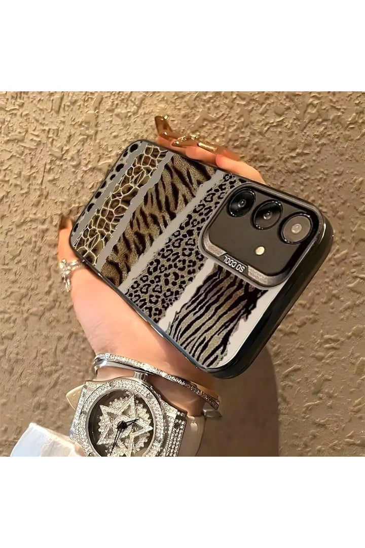 Samsung Galaxy S24 Plus/s25 Plus Uyumlu Kılıf Leopar Desenli Kahverengi Çizgili Metalik Tuşlu Kapak