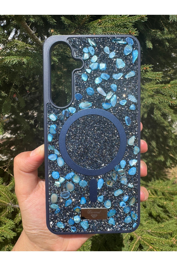 Samsung Galaxy S24/S25 Uyumlu Taşlı Magsafe Kılıf Parlak Taşlı Simli Koruyucu Kablosuz Şarj Silikon