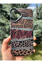 Load image into Gallery viewer, iPhone 16 Uyumlu Kılıf Leopar Desenli Kahverengi Çizgili Metalik Tuşlu Kamera Kenar Çıkıntılı Kapak
