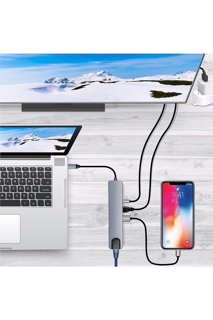 Macbook Uyumlu Type-C Hub 8 Portlu 100W Şarj PD Uyumlu 4K 1080P HDMI 2x USB/RJ45 ETHERNET/Micro SD