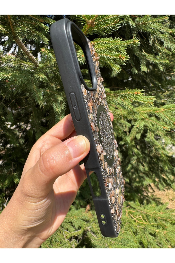 iPhone 15 Pro Max Uyumlu Taşlı Magsafe Kılıf Parlak Taşlı Simli Koruyucu Kablosuz Şarj Silikon Kapak