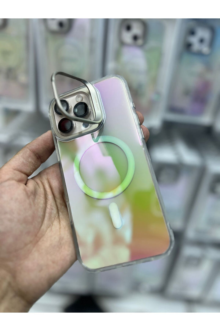 iPhone 14 Pro Max Uyumlu Kılıf Metal Kamera Standlı Hologram Renkli Ayna Görünümlü Premium Kapak