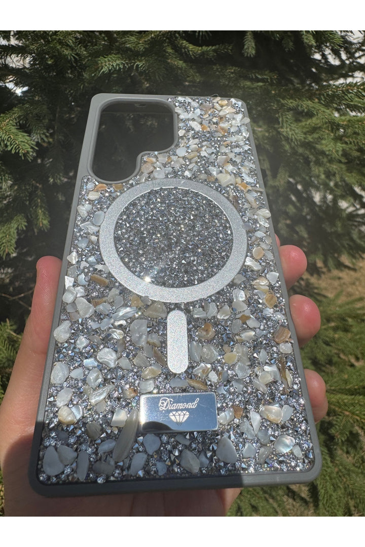Samsung Galaxy S24 Ultra Uyumlu Taşlı Magsafe Kılıf Parlak Taşlı Smli Koruyucu Kablosuz Şarj Silikon