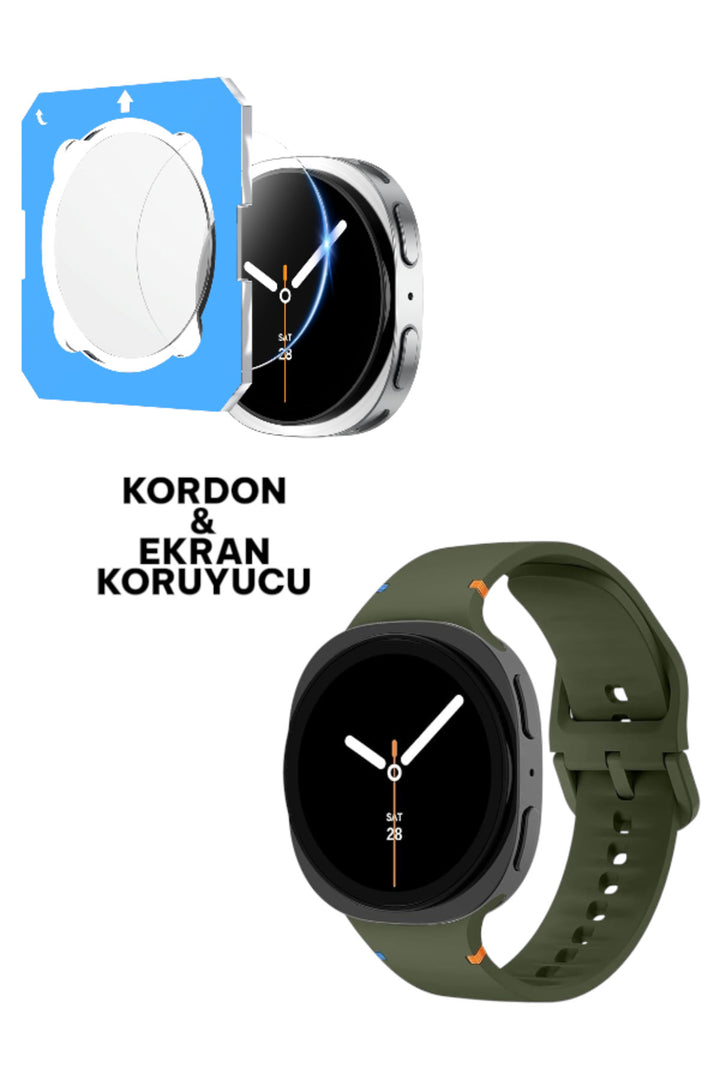 Samsung Galaxy Watch 8 40mm Uyumlu Silikon Kordon ve Kolay Kurulum Aparatlı Cam Ekran Koruyucu