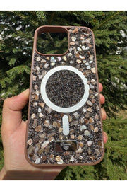 iPhone 14 Pro Max Uyumlu Taşlı Magsafe Kılıf Parlak Taşlı Simli Koruyucu Kablosuz Şarj Silikon Kapak
