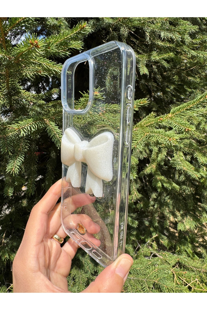 iPhone 15 Pro Max Uyumlu Kılıf Simli Parlak Fiyonk Desenli Silikon Kamera Çevresi Koruyucu Kapak