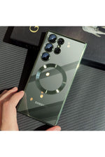 Load image into Gallery viewer, Samsung Galaxy S23 Ultra Uyumlu Kılıf 3D Kamera Lens Korumalı Magsafe Kenarı Renkli Şeffaf Kapak
