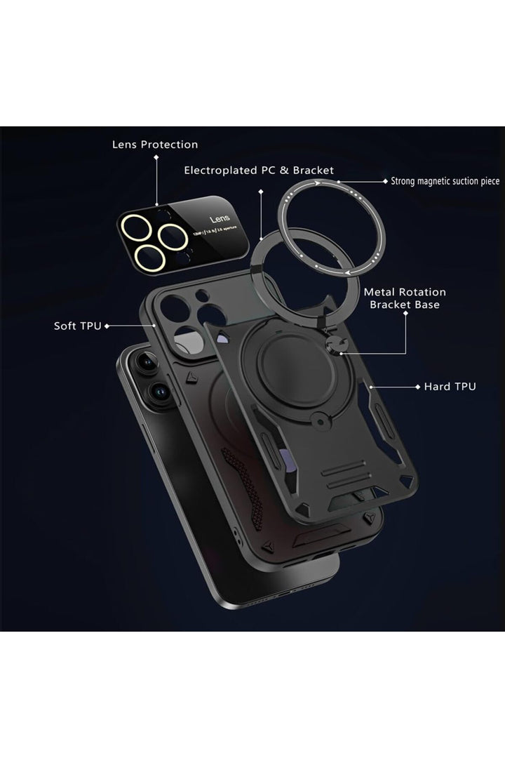 iPhone 15 Pro Uyumlu Kılıf Magsafe Standlı Kamera Lens Korumalı Darbelere Dayanklı Renkli Tank Kapak