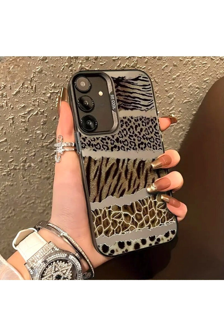 Samsung Galaxy S24 Plus/s25 Plus Uyumlu Kılıf Leopar Desenli Kahverengi Çizgili Metalik Tuşlu Kapak