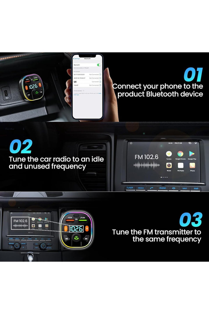 Bluetooth Araç Kiti Araç RGB LED Fm Transmitter USB Type-C MP3 Flash Bellek PD Çakmaklık Girişli