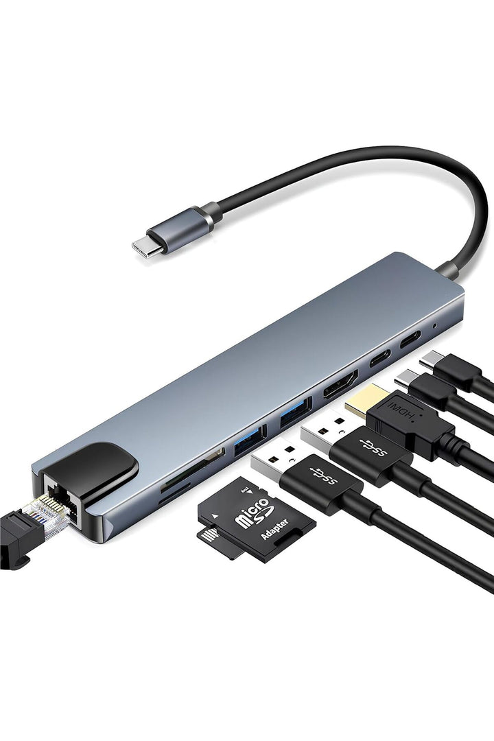 Macbook Uyumlu Type-C Hub 8 Portlu 100W Şarj PD Uyumlu 4K 1080P HDMI 2x USB/RJ45 ETHERNET/Micro SD
