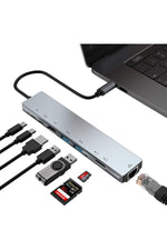 Load image into Gallery viewer, Macbook Uyumlu Type-C Hub 8 Portlu 100W Şarj PD Uyumlu 4K 1080P HDMI 2x USB/RJ45 ETHERNET/Micro SD
