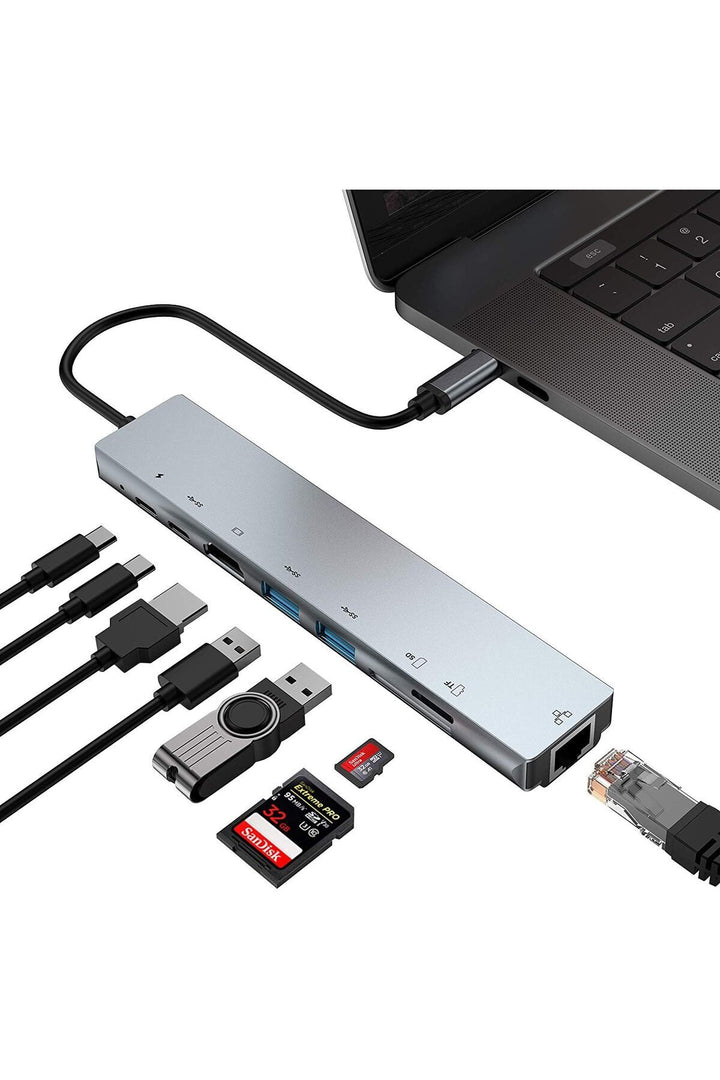 Macbook Uyumlu Type-C Hub 8 Portlu 100W Şarj PD Uyumlu 4K 1080P HDMI 2x USB/RJ45 ETHERNET/Micro SD