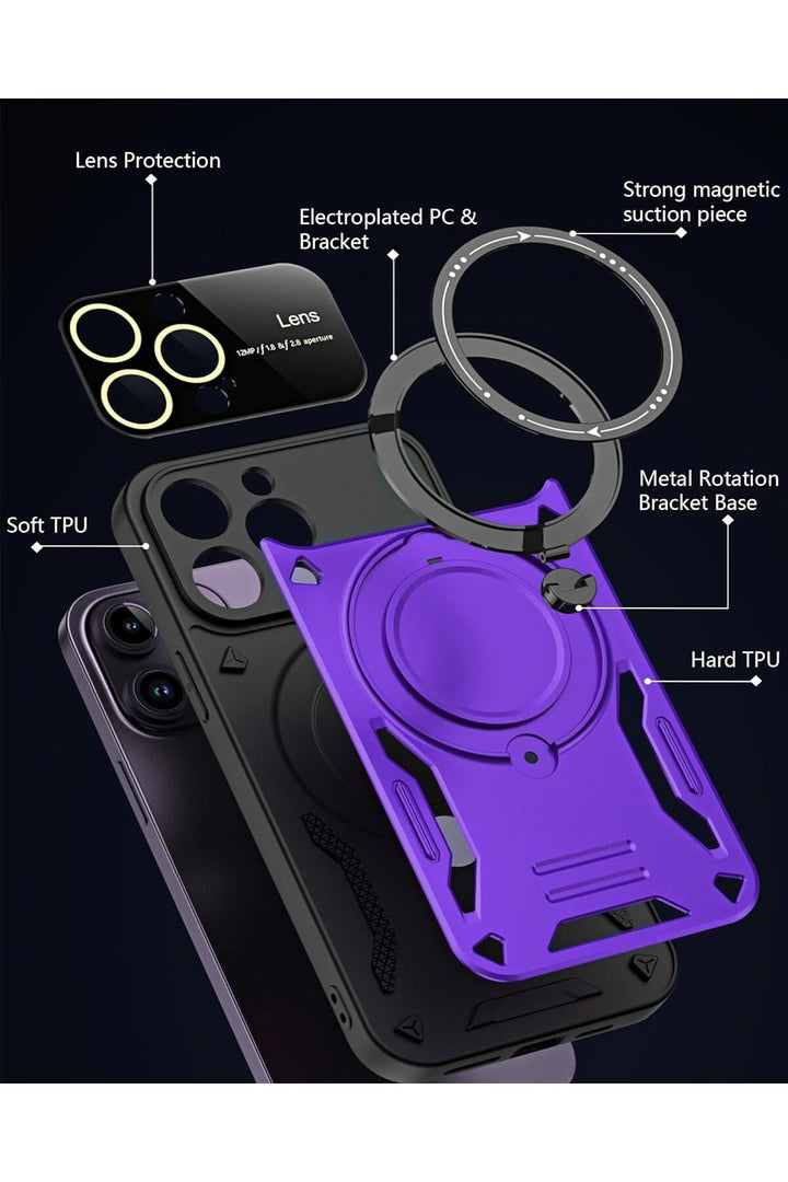 iPhone 15 Pro Uyumlu Kılıf Magsafe Standlı Kamera Lens Korumalı Darbelere Dayanklı Renkli Tank Kapak