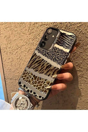 Samsung Galaxy S24 Fe Uyumlu Kılıf Leopar Desenli Kahverengi Çizgili Metalik Tuşlu Kamera Çıkıntılı