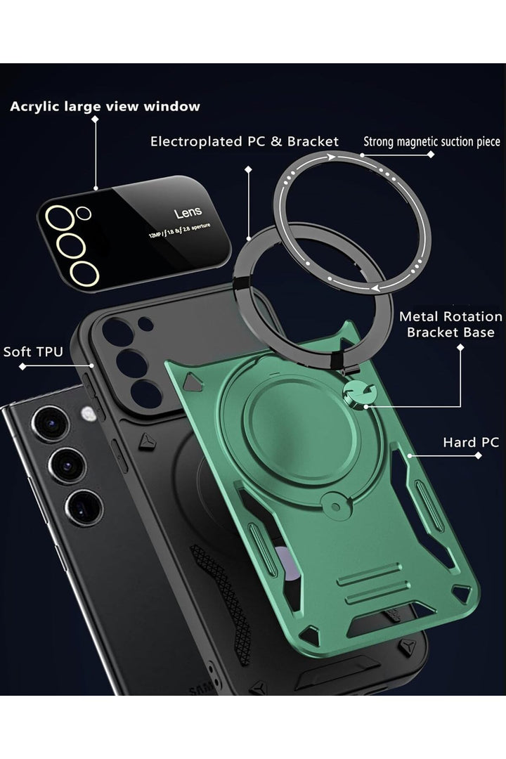 Samsung Galaxy S23 Fe Uyumlu Kılıf Magsafe Standlı Kamera Lens Korumalı Dayanıklı Renkli Tank Kapak