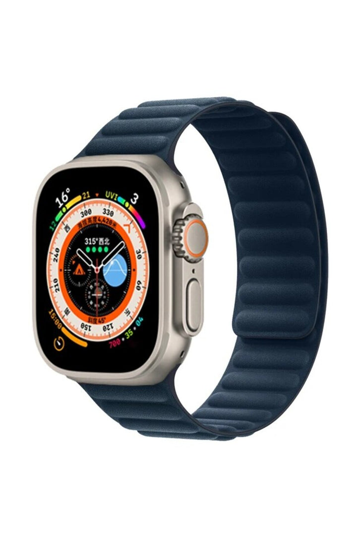 Apple Watch 9 8 7 6 5 4 3 2 1 Se 42mm/44mm/45mm/49mm Uyumlu Kordon Mıknatıslı Magnetli Deri Kordon